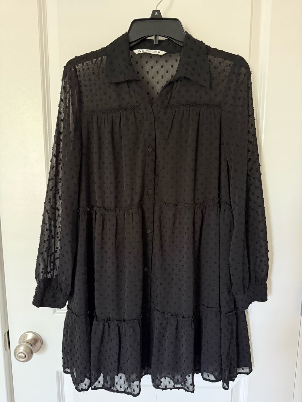 Zara Black Swiss Dot Tiered Shirt Dress